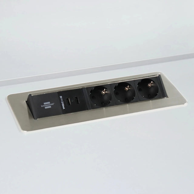 Zubehör ELDUSB1 als silberne Steckdosenleiste aus Aluminium mit drei Steckdosen und zwei USB-Anschlüssen von hjh OFFICE PRO