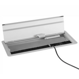 Silberne Kabelklappe ELKL 30 mit Bürstendichtung und schwarzem Kabel von hjh OFFICE PRO