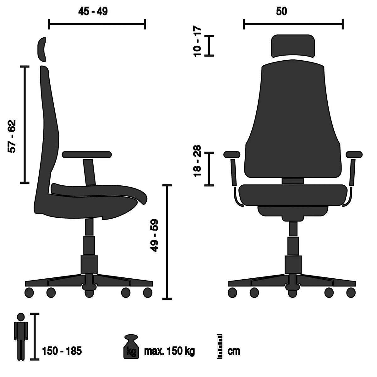 Technische Zeichnung des Luxus-Chefsessels ERGOHUMAN SLIM GEN2 mit max. 150 kg Belastbarkeit von hjh OFFICE