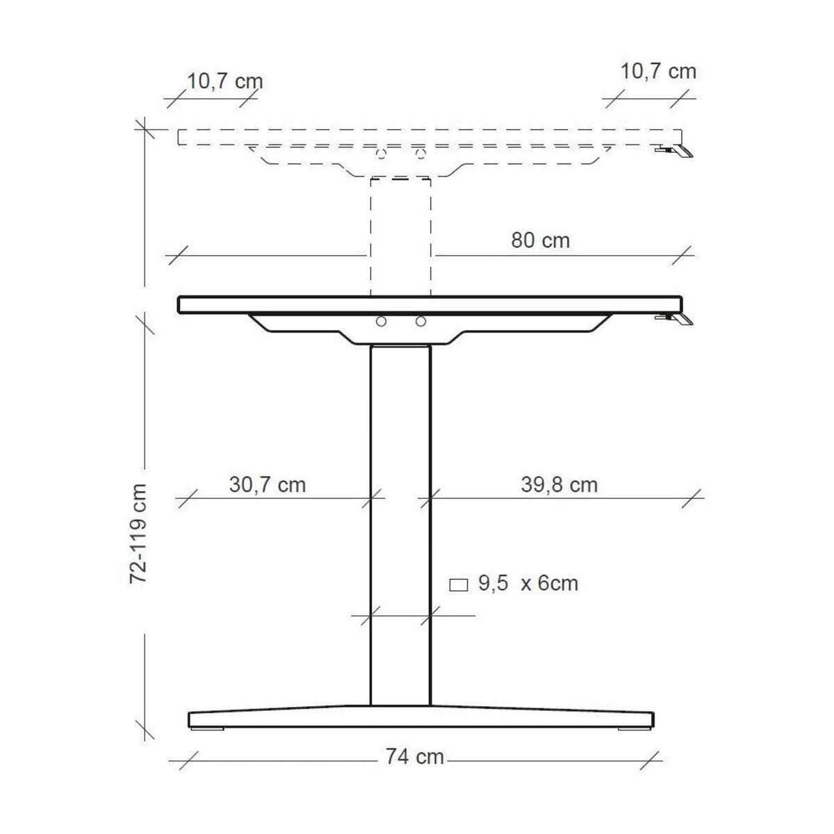 Maßzeichnung des höhenverstellbaren Schreibtisches XMKA 16 G mit einer Tischplatte von 80 cm Tiefe von hjh OFFICE PRO