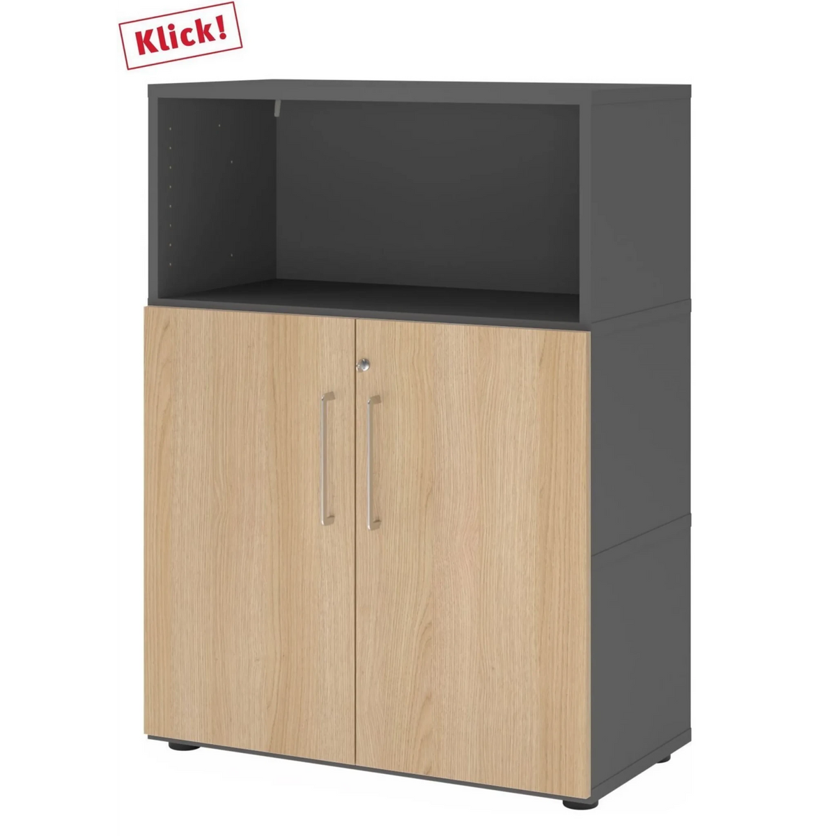 Aktenschrank FlexWall in Graphit und Eiche mit zwei Türen und einem offenen Fach von hjh OFFICE PRO