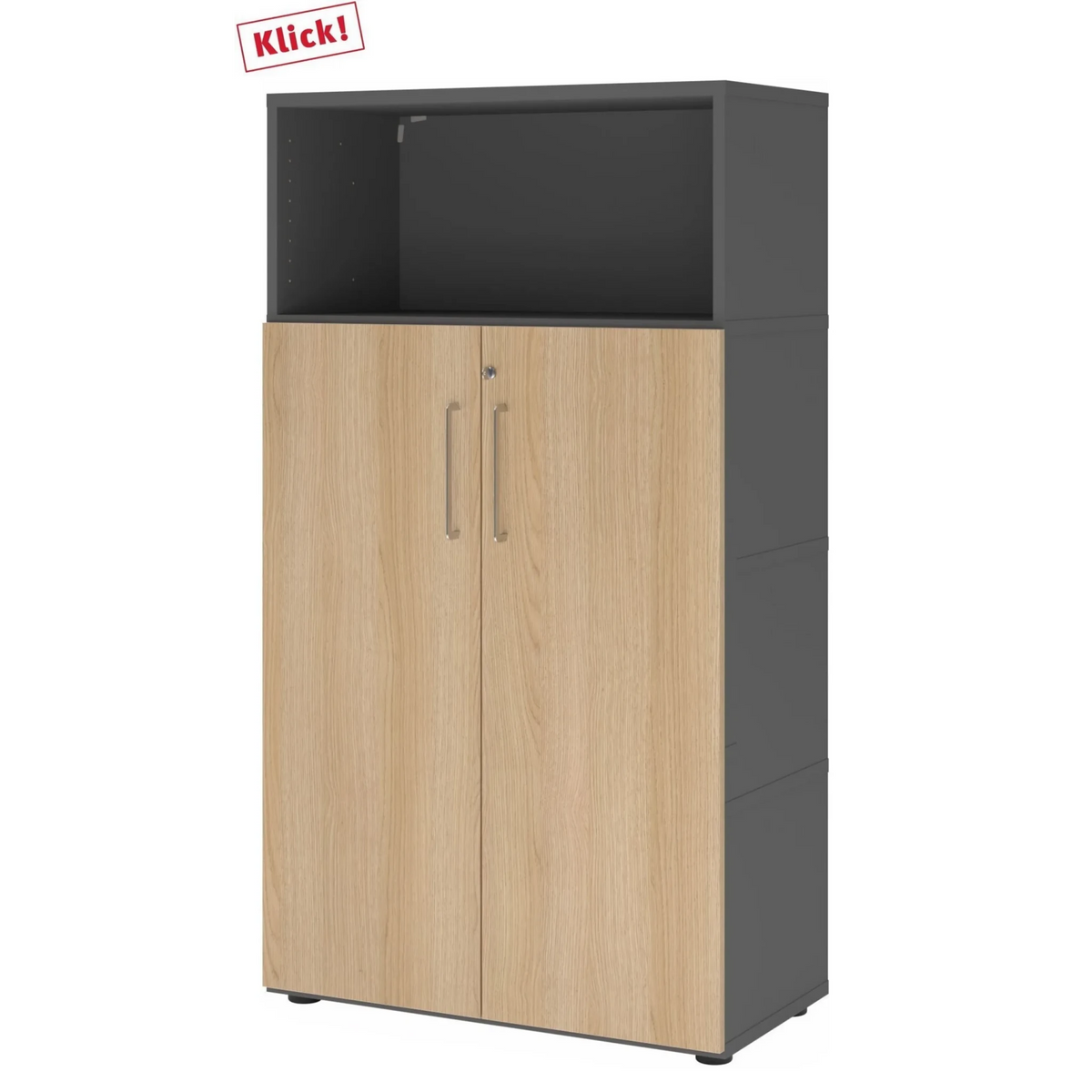 Aktenschrank FlexWall in Graphit und Eiche mit zwei Türen, offenem Fach und Stellfüßen von hjh OFFICE PRO