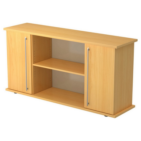 Sideboard KAPA SB in buchefarbenem Kunststoff mit zwei Türen, Relinggriffen und offenen Regalfächern von hjh OFFICE PRO