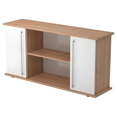 Sideboard KAPA SB in Nussbaum-Optik mit zwei weißen Türen, Relinggriffen und offenen Fächern von hjh OFFICE PRO