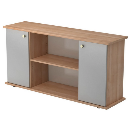 Sideboard KAPA SB in Nussbaum-Optik mit zwei silbernen Türen und zwei offenen Ablagefächern von hjh OFFICE PRO