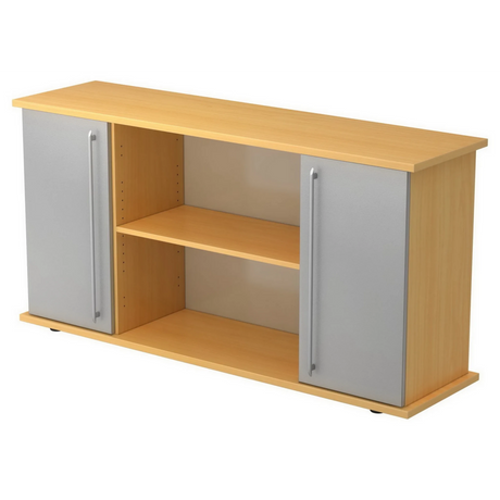 Sideboard KAPA SB in Buche-Optik mit zwei silbernen Türen, Relinggriffen und offenen Regalfächern von hjh OFFICE PRO