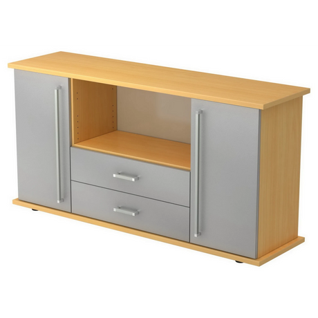 Sideboard KAPA SB in Buche und Silber mit zwei Türen, zwei Schubladen und Chromgriffen von hjh OFFICE PRO