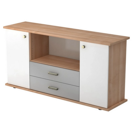 Sideboard KAPA SB in Nussbaum-Optik und Weiß mit zwei Türen sowie zwei grauen Schubladen von hjh OFFICE PRO