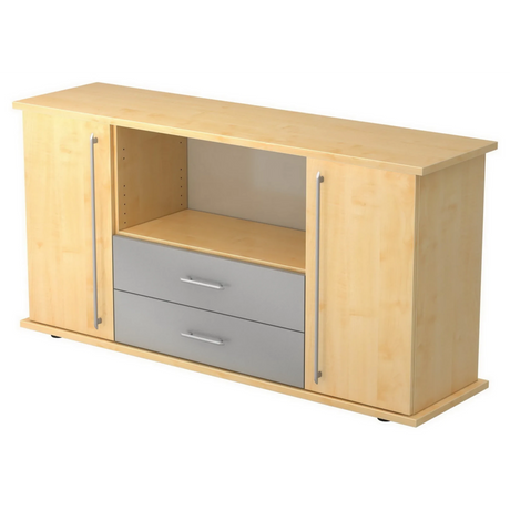 Sideboard KAPA SB in Ahorn-Optik mit zwei Türen, zwei grauen Schubladen und Relinggriffen von hjh OFFICE PRO
