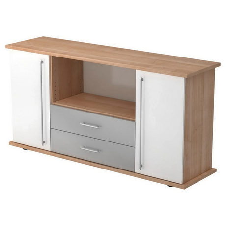 Sideboard KAPA SB in Nussbaum und Weiß mit zwei Türen, zwei grauen Schubladen und Relinggriffen von hjh OFFICE PRO