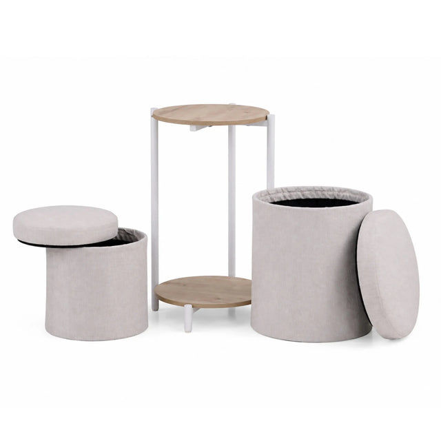 Beistelltisch Nestup 1 in Weiß und Eiche mit integriertem beige stoffbezogenem Hocker von hjh LIVING