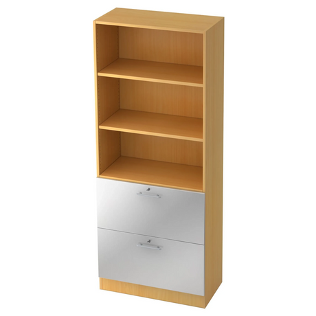 Regal SIGNA G 7300 in Buche-Optik mit drei offenen Fächern und zwei silbernen Schubladen von hjh OFFICE PRO
