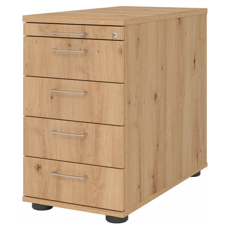 Standcontainer SIGNA SC50 in Asteiche-Optik mit fünf Schubladen und silbernen Bügelgriffen von hjh OFFICE PRO