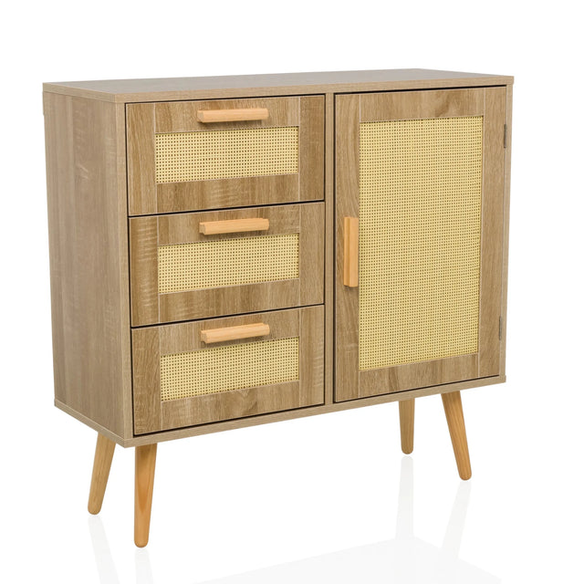 Hellbraunes Sideboard STRYN mit drei Schubladen, einer Schranktür und Wiener Geflecht von hjh LIVING