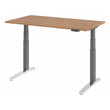 Elektrisch höhenverstellbarer Schreibtisch XBHM 14 GC in Nussbaum mit grauen Beinen und digitalem Display von hjh OFFICE PRO